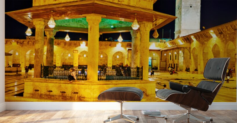 Aleppo mosque at night with lights and visitors in the courtyard Wall Murals