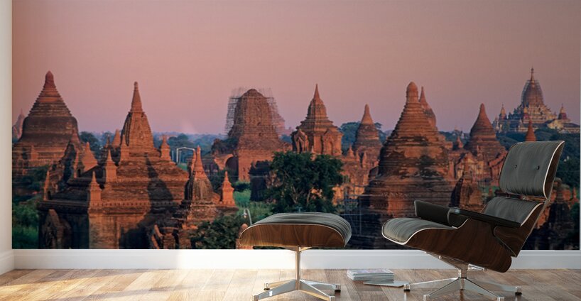Temples in Bagan at dusk with a clear sky over Myanmar Wall Murals
