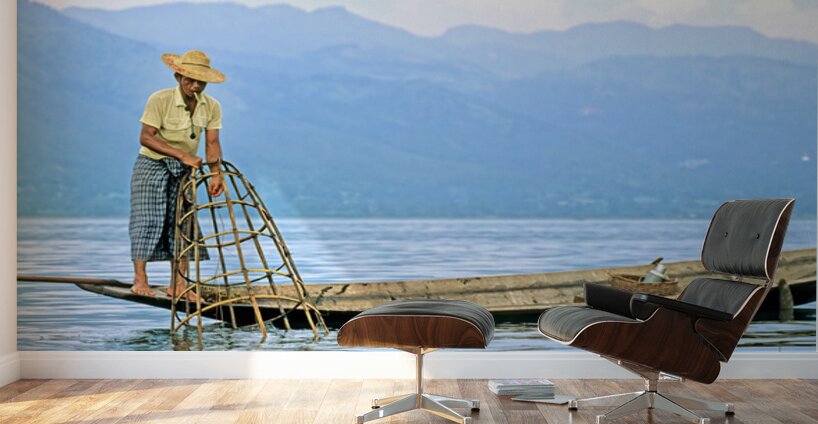 Traditional fishing on Inle Lake in Myanmar by local fisherman Wall Murals