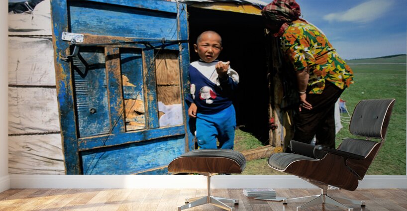 Ger tent in Mongolia with child and elder outside Wall Murals