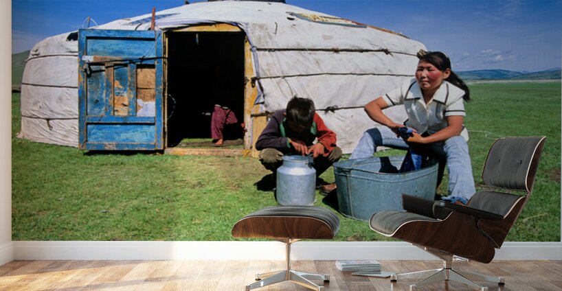 Mongolian ger in the countryside with people and daily activitie Wall Murals