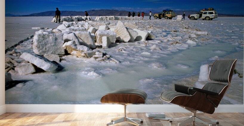 Explorers on a salt flat with salt blocks and water. Wall Murals