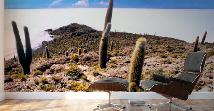 Cactus island in a vast white salt flat under blue sky. Wall Murals