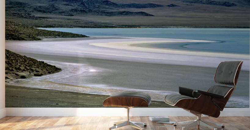 Scenic desert lake with white shore and rocky mountains. Wall Murals