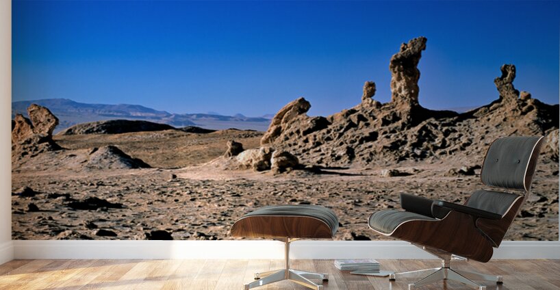 Arid desert with unusual rock pillars against a blue sky. Wall Murals