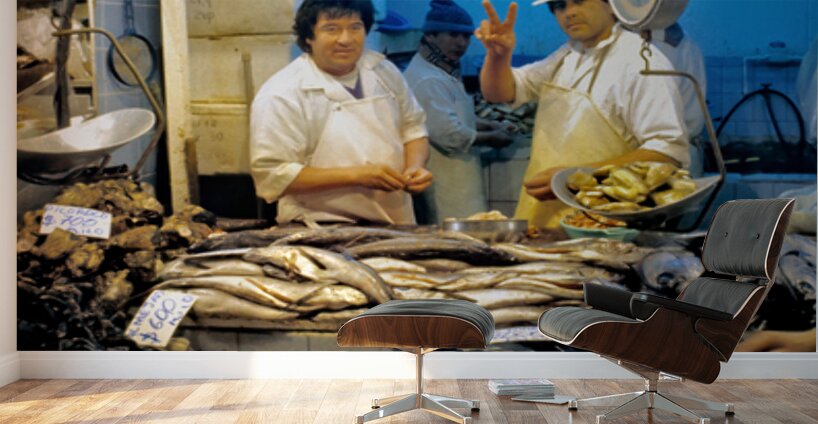 Lively fish market with fresh seafood and a peace sign. Wall Murals