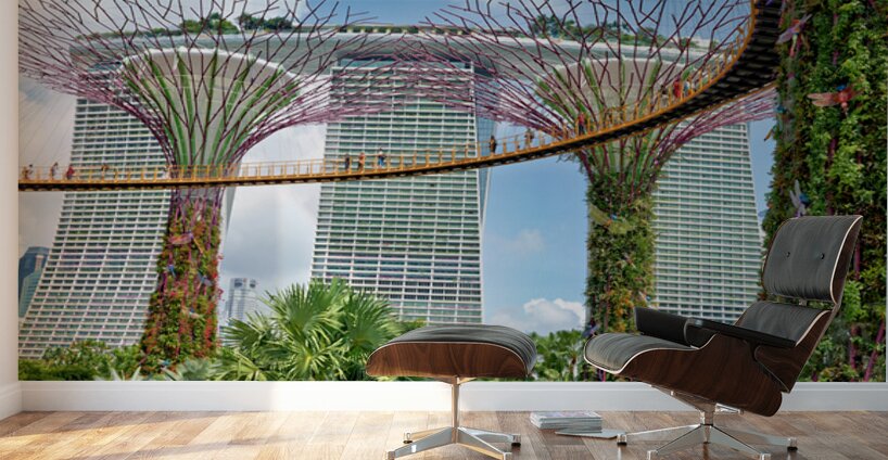 People walk on bridge connecting to Supertree Grove in Singapore Wall Murals