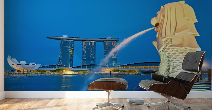 Visitors watch the Merlion fountain at Marina Bay during sunset Wall Murals