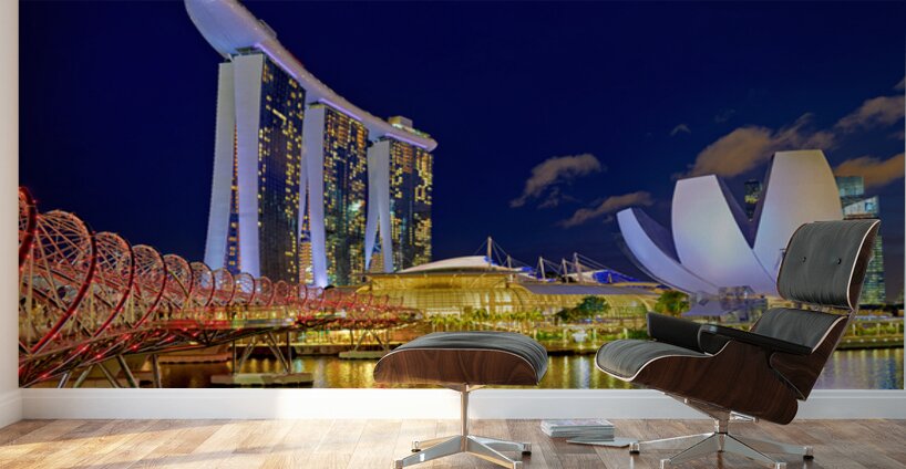 Sunset at marina bay sands artscience museum and helix bridge Wall Murals