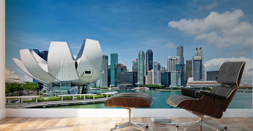 Visitors enjoy view of ArtScience Museum and city skyline in Sin Wall Murals