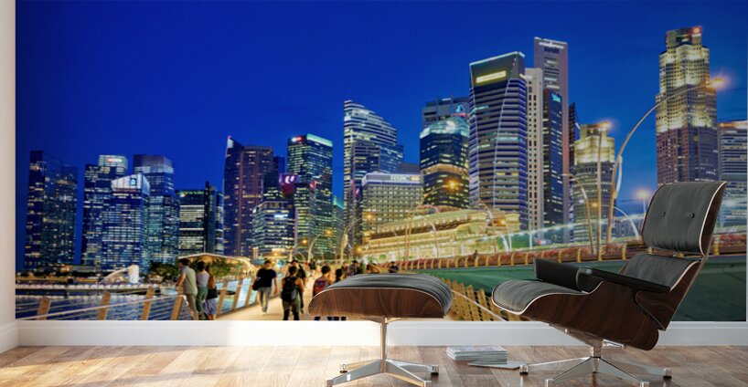 City skyline and people walking at sunset near Marina Bay Wall Murals