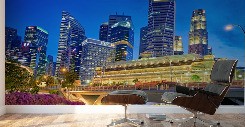 People walk by the waterfront in Marina Bay during sunset in Sin Wall Murals