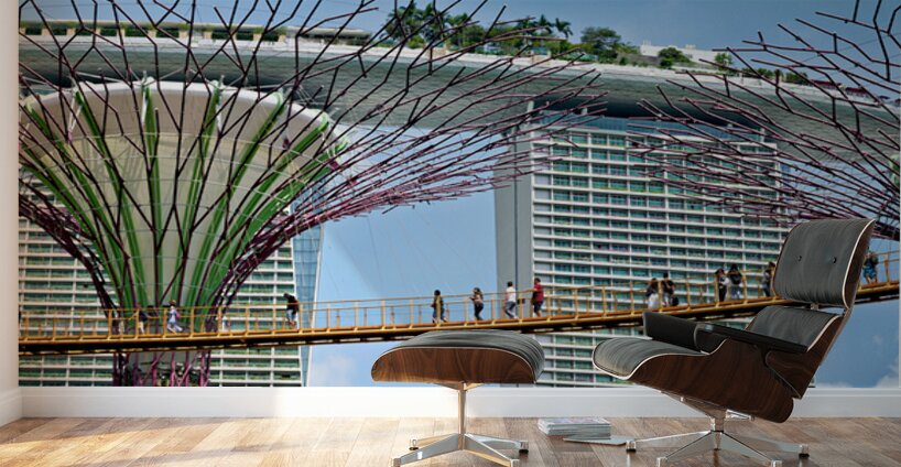 People walk on bridge connecting to Supertree Grove in Singapore Wall Murals