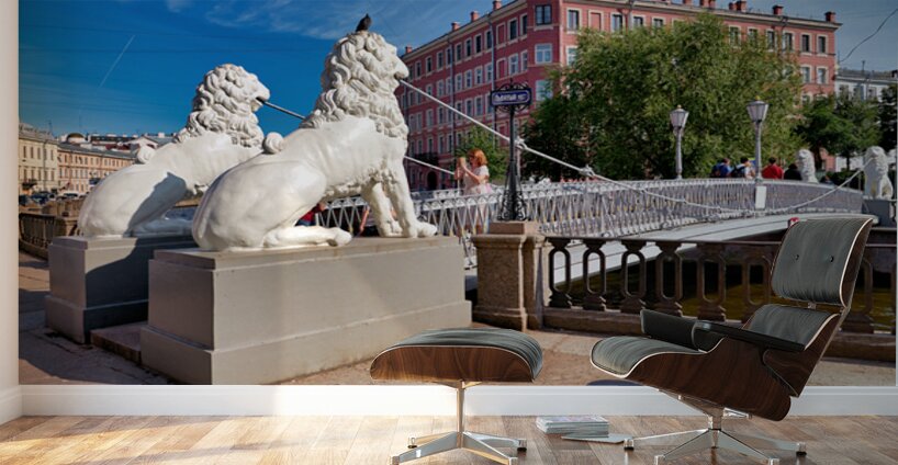 Lions guard the bridge in Saint Petersburg on a sunny day Wall Murals