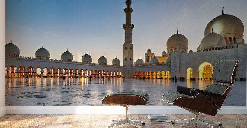 Exploring Sheikh Zayed Grand Mosque in Abu Dhabi at dusk Wall Murals