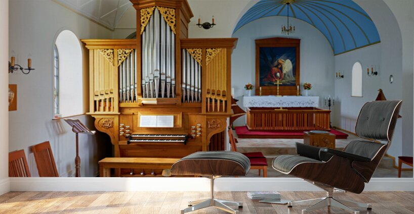Wooden church interior with organ in Vik i Myrdal Iceland Wall Murals