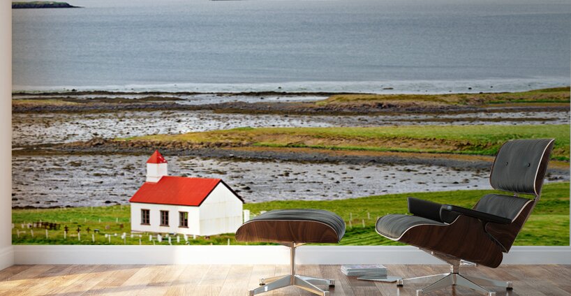 Church stands in western fjords of Iceland near the sea Wall Murals