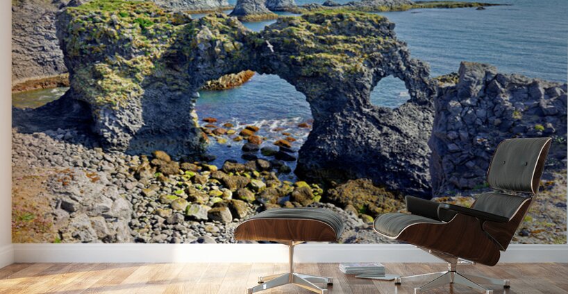 Exploring arnarstapi cliff in Iceland by the ocean Wall Murals