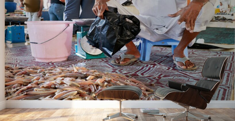 Muscat Oman fish market shows daily life of fishermen and buyers Wall Murals