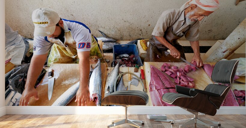 Fish market in Muscat Oman shows workers preparing fish Wall Murals