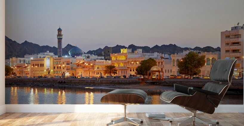 Sunset view of waterfront in Muscat Oman with city lights Wall Murals