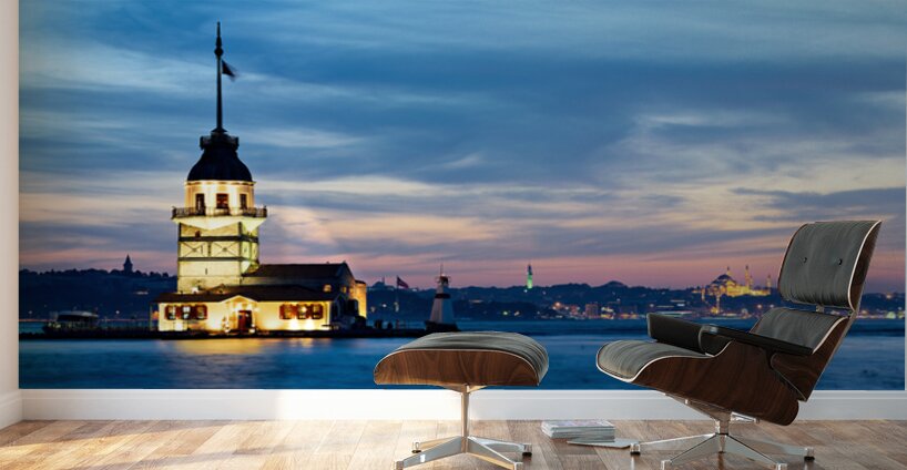 View of Maidens Tower on Bosphorus at sunset in Istanbul Wall Murals