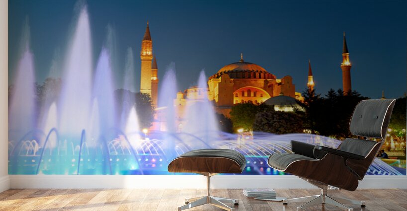 Hagia Sophia Grand Mosque at night with a fountain display Wall Murals