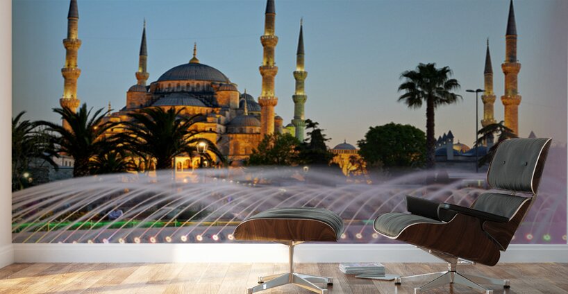 Visit to Blue Mosque and fountain at twilight in Istanbul Wall Murals