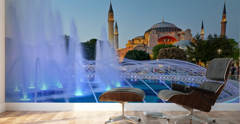 Hagia Sophia Grand Mosque at dusk with fountain display Wall Murals