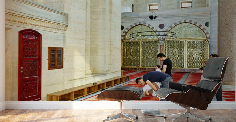 People pray inside Suleymaniye Mosque in Istanbul Turkey Wall Murals