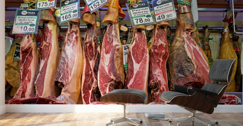 Jamon Iberico displayed in Mercat de Sant Josep de la Boqueria Wall Murals