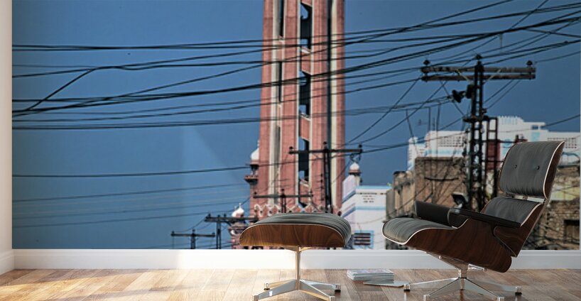 Busy street scene with tall tower in Peshawar Pakistan Wall Murals