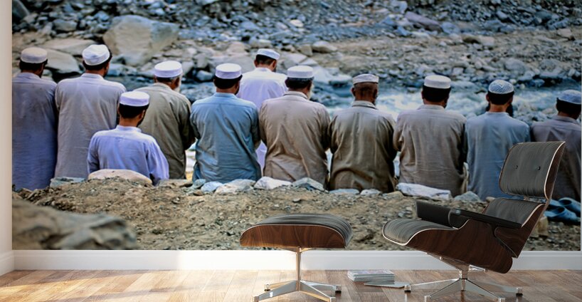 Muslim men pray outdoors in Pakistan facing Mecca Wall Murals