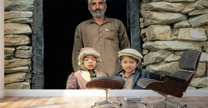 Family near shop at Shandur Pass in Pakistan Wall Murals