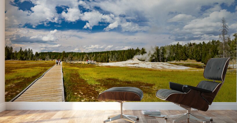 Visitors stroll the Upper Geyser Basin boardwalk Wall Murals