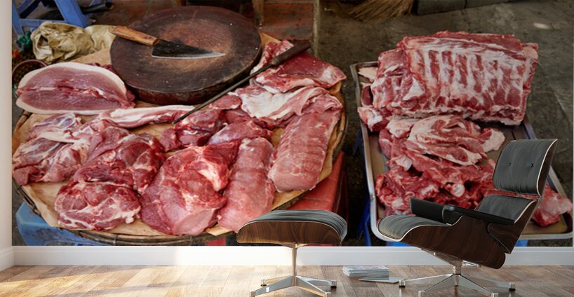 Fresh meat sold in Hanoi market during daytime Wall Murals