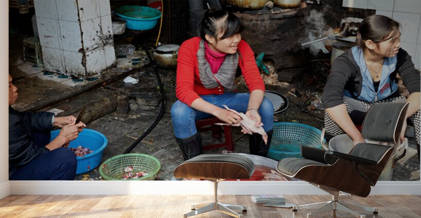Women preparing fish in a market in Hanoi Vietnam Wall Murals