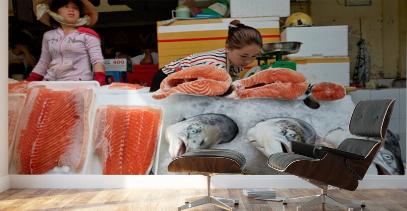 Market scene in Ho Chi Minh with fresh seafood for sale Wall Murals
