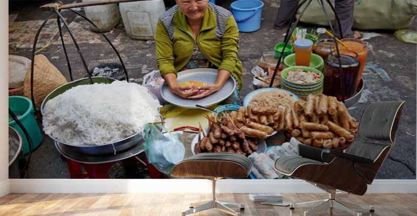 Woman selling food at street market in Ho Chi Minh City Wall Murals