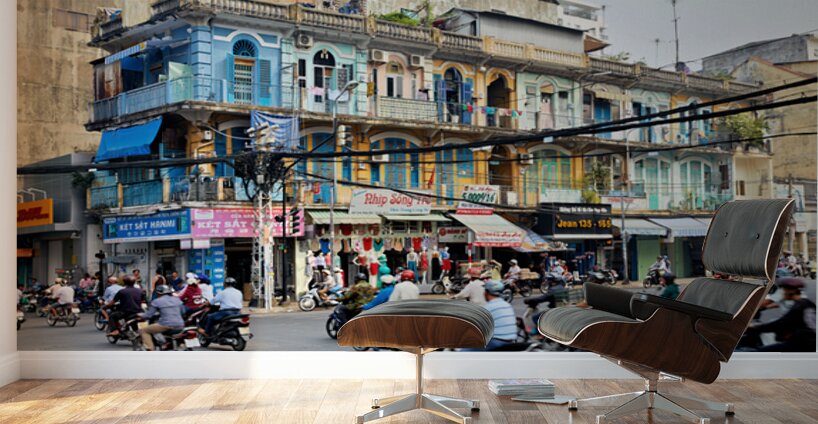 Busy street scene in Ho Chi Minh City with motorbikes and shops Wall Murals
