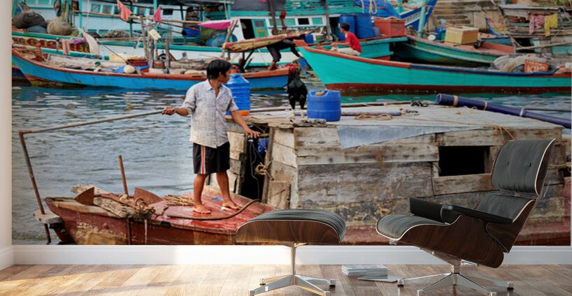Fishing boat on water in Phu Quoc Vietnam during the day Wall Murals