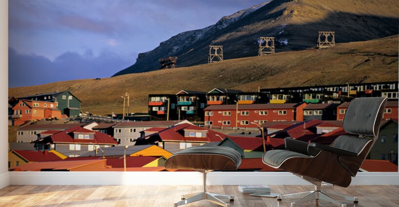 Colorful buildings in Longyearbyen Svalbard at sunset Wall Murals