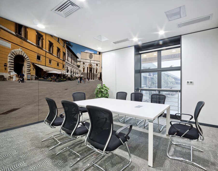 Todi Umbria Italy. Concattedrale della Santissima Annunziata. Cathedral. Piazza del Popolo. The statue Quattro Stele by Arnaldo Pomodoro Wall Printing