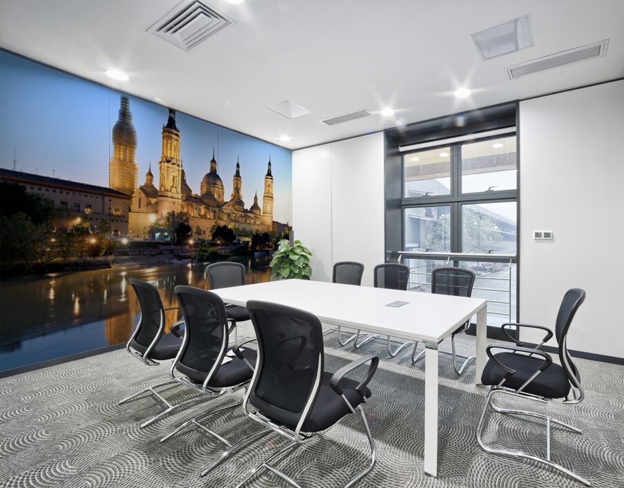 Zaragoza. Saragossa. Aragon. Spain. Cathedral Basilica of Our Lady of the Pillar and river Ebro at sunset Wall Printing