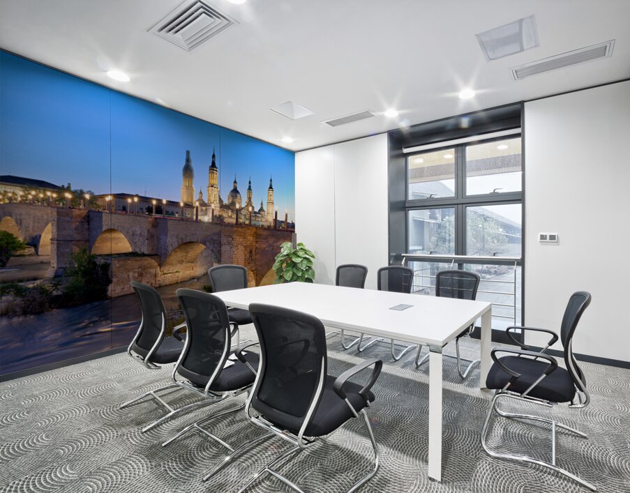 Zaragoza. Saragossa. Aragon. Spain. Cathedral Basilica of Our Lady of the Pillar and river Ebro at sunset Wall Printing