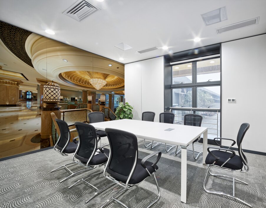 Opulent hotel lobby with grand staircase and golden chandeliers. Wall Printing