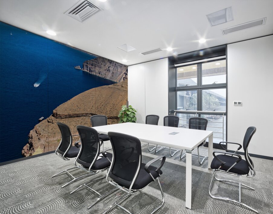 Santorini caldera with cliffs deep blue sea port and distant  Wall Printing