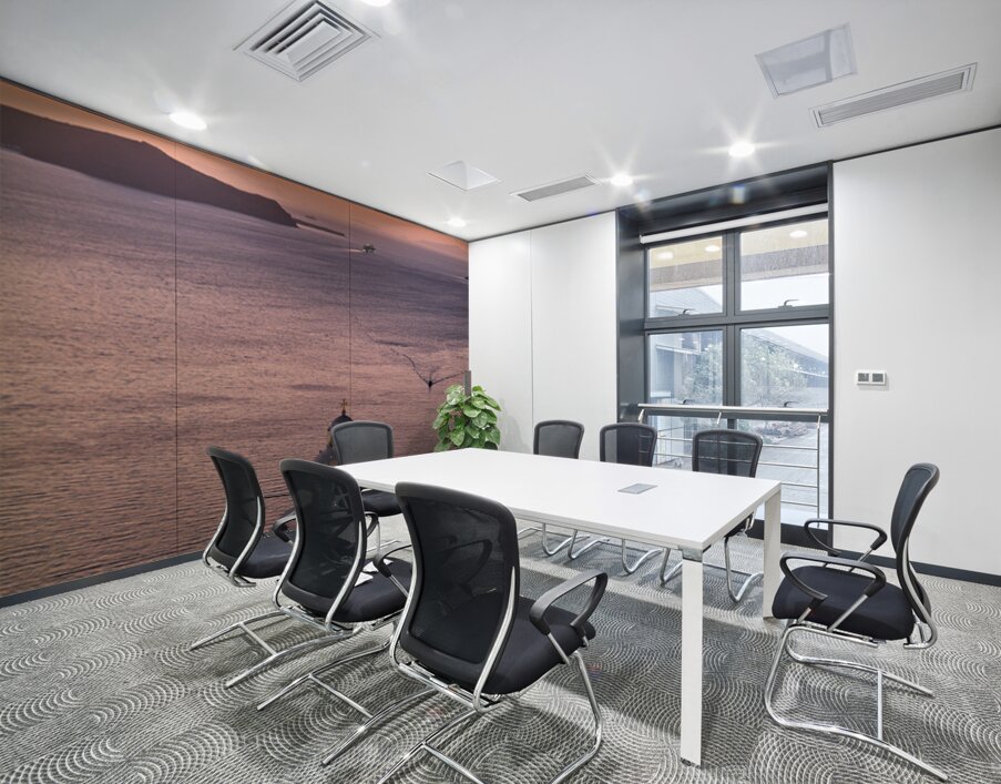 Sunset over Santorini caldera with church and boats. Wall Printing