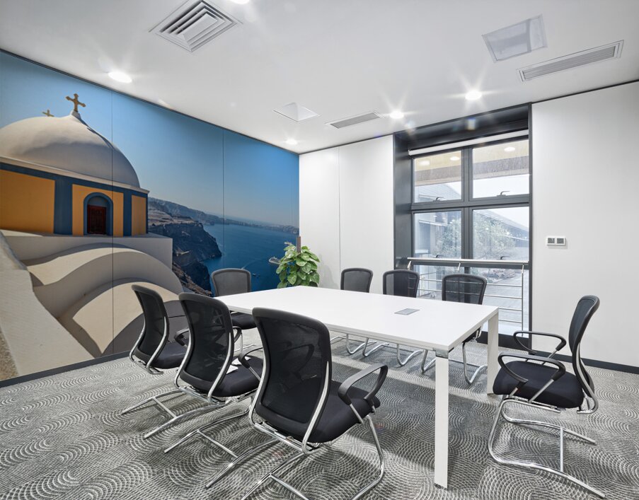 Santorinis iconic church and caldera with ships. Wall Printing