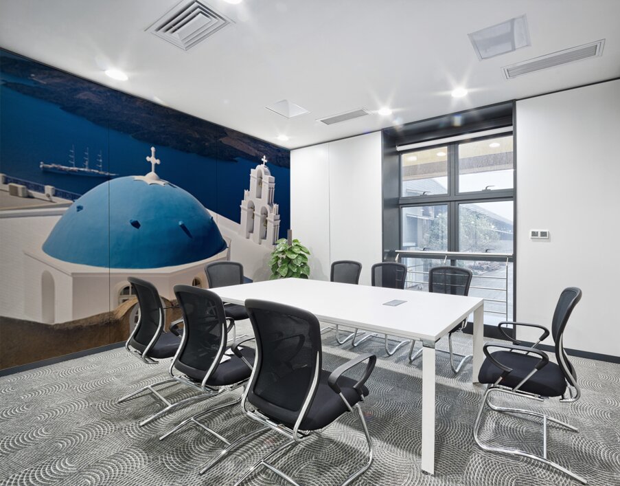 Santorinis iconic blue dome church and caldera seascape. Wall Printing